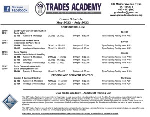 GCA Trades Academy Course Schedule May 2022 - July 2022
